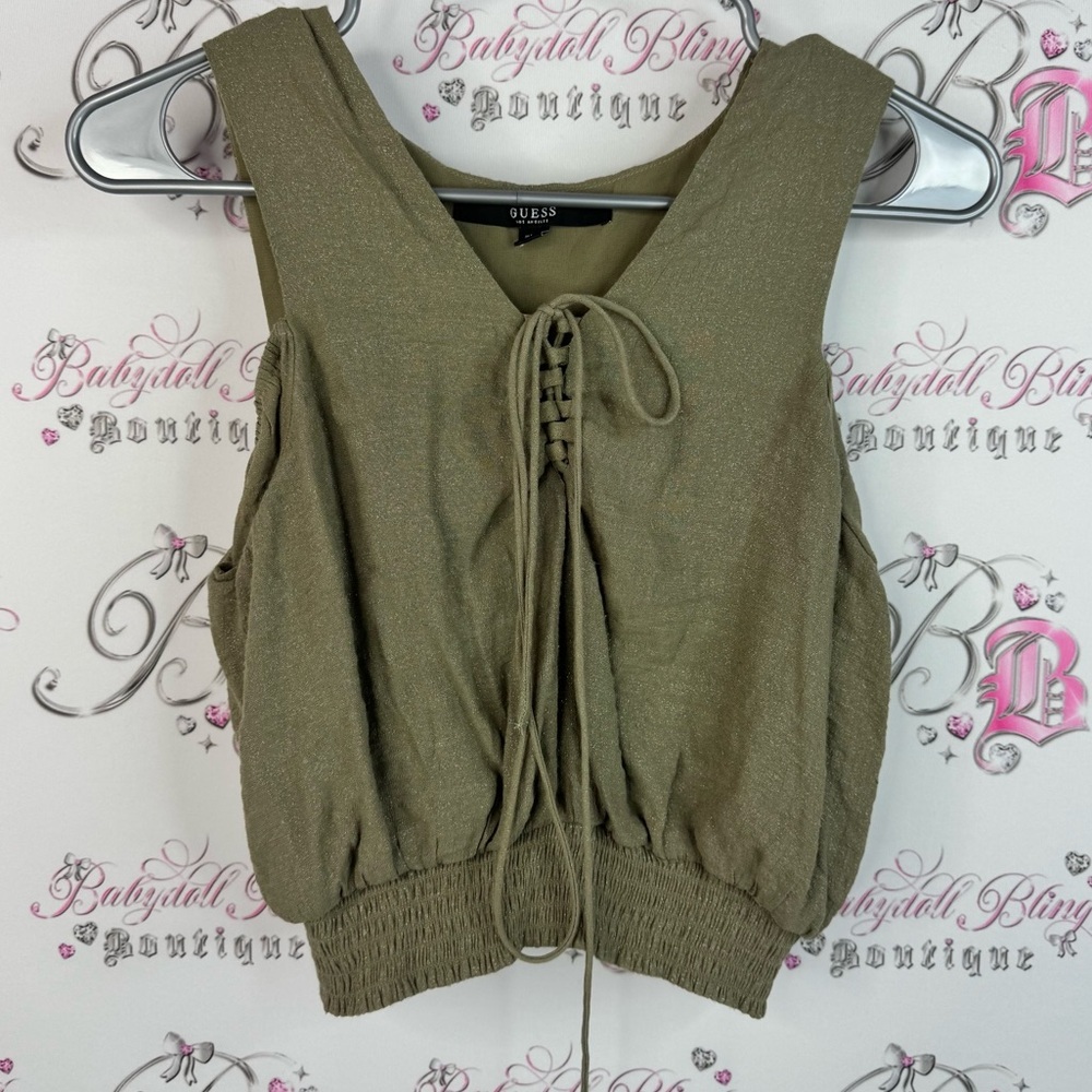 Guess tank top smocked details green grey cargo Khaki Lace-Up Women's Blouse